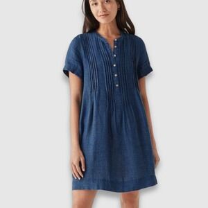 Faherty Gemina 100% Linen Dress Dark Indigo Wash Pintuck Hidden Pockets Large